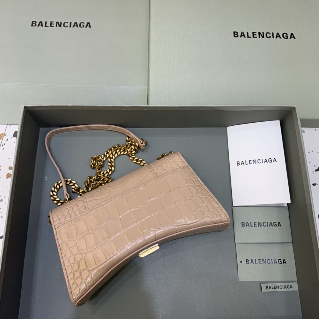 Balenciaga Big Hourglass Wallet With Chain Crocodile Embossed Shoulder Bag Light Coffee